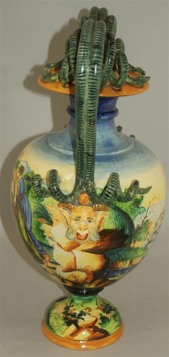 A Cantagalli style maiolica twin handled vase, late 19th / early 20th century, 54.5cm